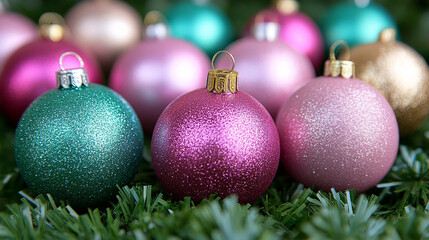 Obraz premium Colorful Christmas ornaments in pink, green, and gold on greenery