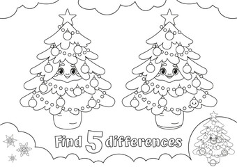 Find 5 Differences in Christmas Trees Holiday Coloring Page. Vtctor Illustration