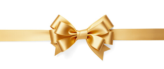 Golden Satin Ribbon with Bow Isolated on Transparent Background. Gift Wrapping, Festive Decoration, Celebration Concept. PNG Image.