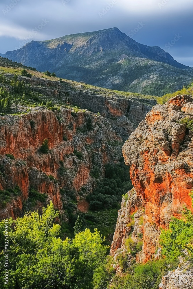 Aufkleber a scenic view of a mountain range with a valley in the foreground, ideal for use as a background or 