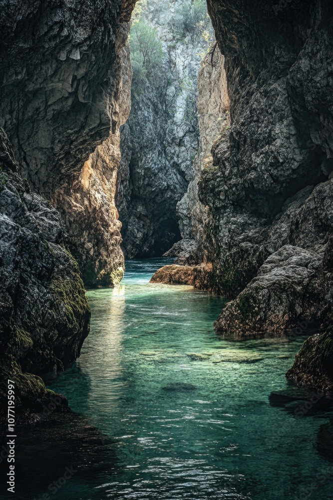 Poster a glimpse into the inner sanctum of a cave, with sunlight filtering in through the entrance and illu