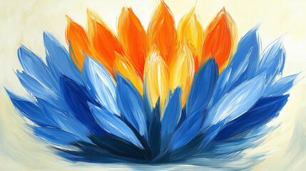 Obraz premium Vibrant abstract flower with blue, orange, and yellow petals, creating dynamic visual impact. artwork evokes feelings of energy and creativity