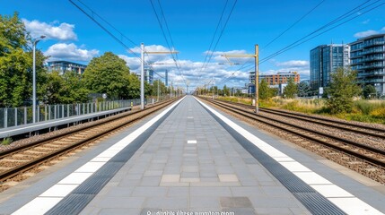 A stunning view of electric train tracks under a bright blue sky, showcasing the modern infrastructure and serene urban landscape