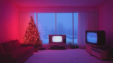 A retro living room with a Christmas tree, two televisions, and a snowy view outside the window.