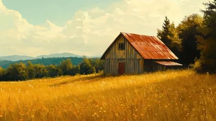 Poster de jardin  Rural landscape with a red barn and surrounding greenery  © Fotograf
