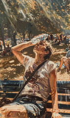 person trying to cool down with bottle of cold water during city heat wave with extreme hot weather and temperature, global warming and climate change impact concept