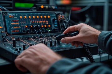 Hands meticulously adjusting sound levels on a mixing console in a vibrant studio. Generative AI