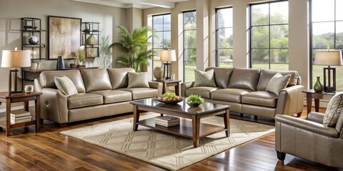 Fototapeta premium Transform your living area with sophisticated taupe leather furniture, including elegant sofas and chairs, plus trendy decor ideas perfect for contemporary homes.