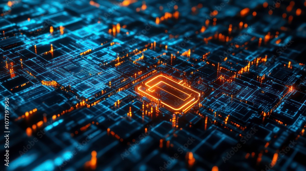 Aufkleber An abstract glowing circuit board with a square in the center, representing the concept of data processing, technology, and innovation.