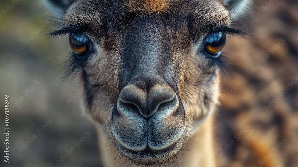 Poster a clear view of a giraffe's face with blurred background