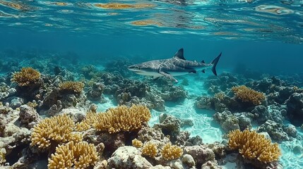 Obraz premium A grey reef shark swims over a vibrant coral reef in clear blue water.