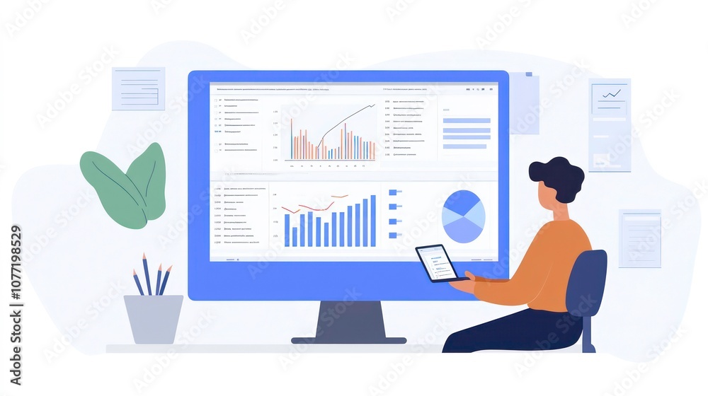 Poster A person sitting at a desk looking at a large computer screen with charts and graphs.