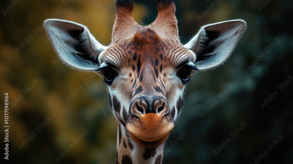Poster a close-up shot of a giraffe's face surrounded by trees, perfect for use in wildlife or nature-theme