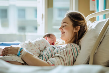 Mother with her newborn baby at the hospital a day after a natural birth labor
