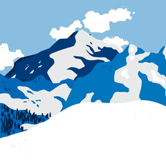 Winter abstract Landscape. Blue sky, snowy mountains, hills, terrain, trees, horizon. Flat design. Nature, tourism, travel concept. Hand drawn trendy Vector illustration. Wallpaper, card, poster