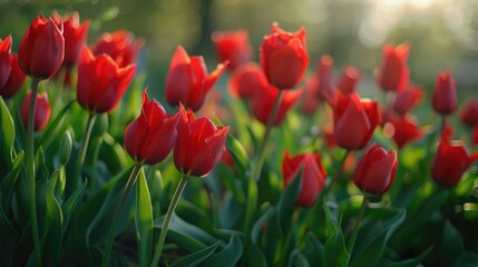 Obraz premium A vibrant field of red tulips basking in warm sunlight, perfect for spring-themed designs