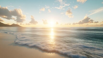 Obraz premium Tranquil beach at sunrise, soft waves, gentle breeze, serene beauty.
