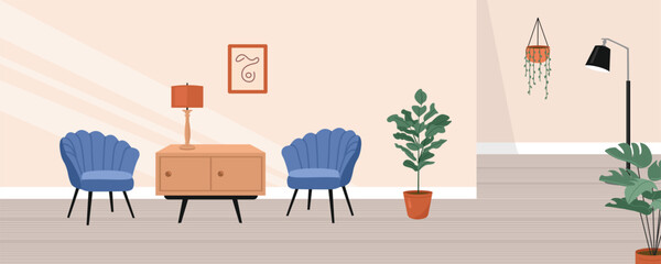 Fototapeta premium Hotel hallway. Home interior. Living room interior. Living room decoration. Sitting room. Potted plant. Floor lamp illustration. Bohemian living room illustration. Flat design. 