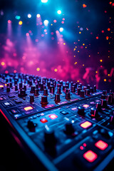 In selective focus of Pro dj controller.The DJ console deejay mixing desk at music party in nightclub with colored disco lights.