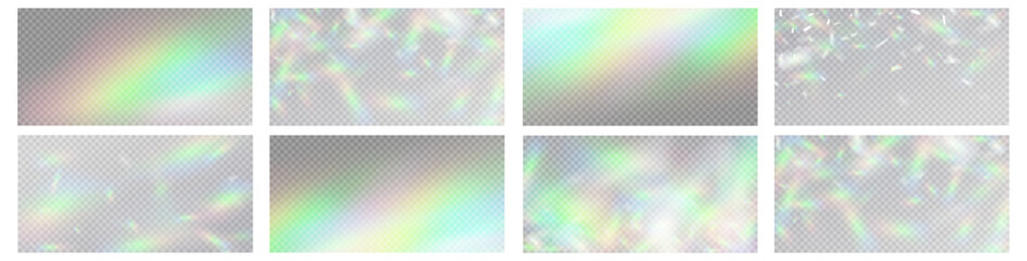 Fototapeta premium Rainbow light prism effect, transparent background. Hologram reflection, crystal flare leak shadow overlay. 