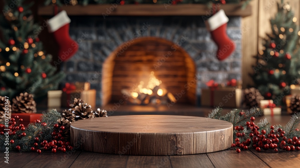 Poster A wooden table with a round wooden surface sits in front of a fireplace with a roaring fire. The table is adorned with greenery and red berries.