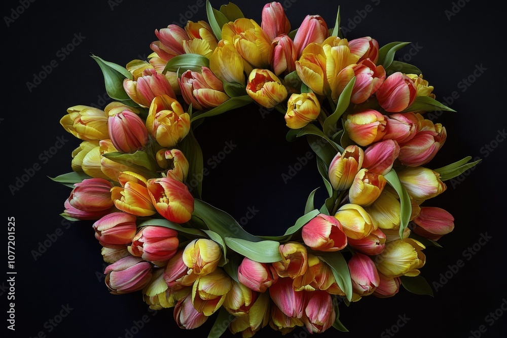 Poster A beautiful arrangement of tulips in yellow and red hues on a dark background, perfect for adding some color to any space