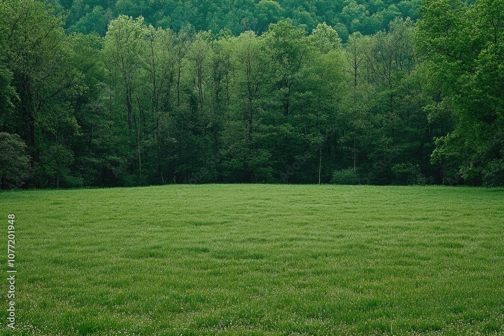 Poster a serene landscape featuring a vast field of green grass with tall trees in the background, perfect 
