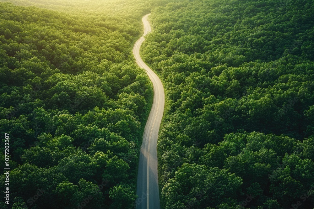 Poster Aerial view of a road running through dense forest