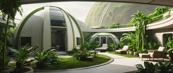 Mars habitat dome with lush green plants and modern living quarters