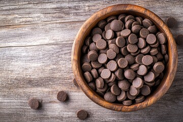 A wooden bowl filled with melting chocolate chips, perfect for baking or decorating