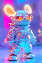 Cyber Mouse Plush Figurine in Shiba Inu Hoodie  Neon Holographic Blind Box Style Toy with Cute Kawaii Posture