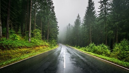 Obraz premium Through the Rain: A Journey Down the Forest Road