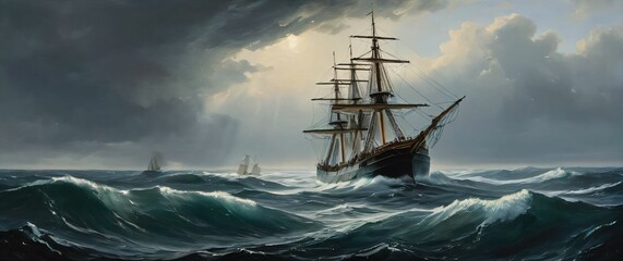 Oil painting of a thcentury ship in rough seas