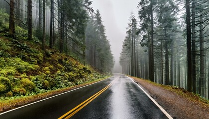 Obraz premium Raindrops and Roots: A Misty Drive Through the Forest Road