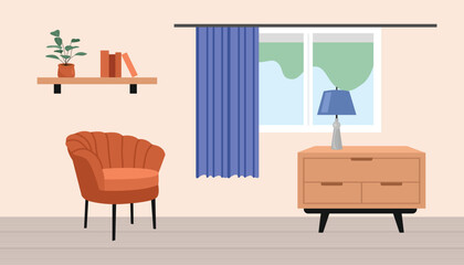 Living room illustration. Living room interior. Window with curtain. Cozy sofa. Living room landscape. 