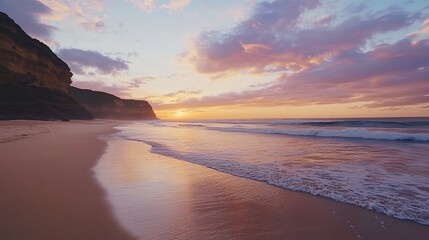 Obraz premium Vibrant sky, calm ocean, peaceful evening, golden sands, gentle waves.
