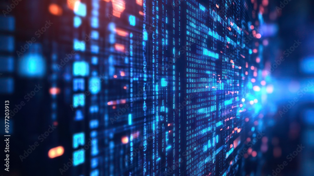 Poster Abstract digital background with binary code and glowing lights.
