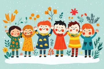 Fototapeta premium Six children, smiling and holding hands, standing in a snowy landscape with colorful flowers and leaves.
