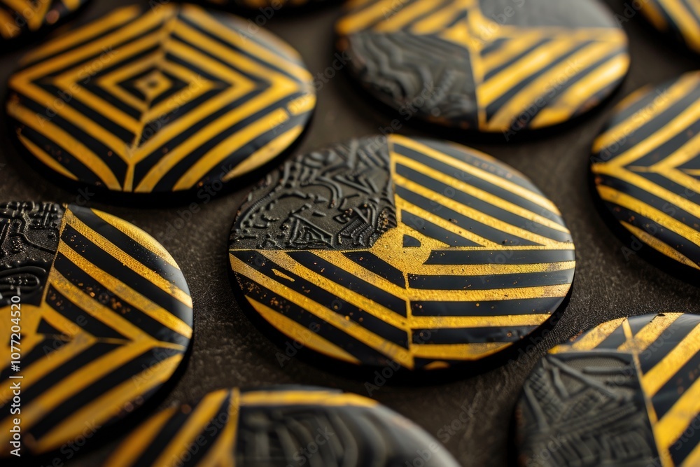 Poster A collection of black and yellow push buttons on a table, suitable for use in various settings such as offices or workshops