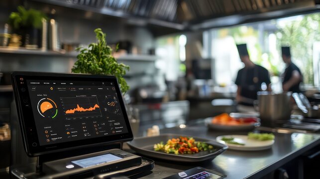 A tablet with a graph and a gauge is on a countertop in a restaurant kitchen with chefs working in the background.
