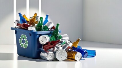 Colorful Recycling Bin Overflowing with Glass Bottles and Aluminum Cans