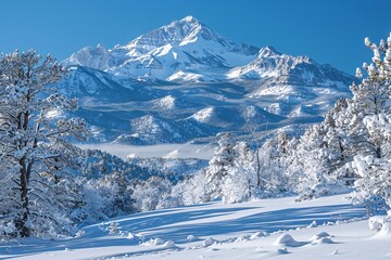 A breathtaking view of majestic mountains blanketed in snow, surrounded by frosted trees. The clear blue sky highlights the tranquil beauty of the winter landscape, inviting exploration