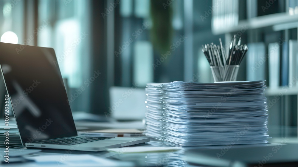 Poster Digital Document Management System on Laptop with Organized Files and Centralized Repository for Efficient Storage and Retrieval in an Office Setting