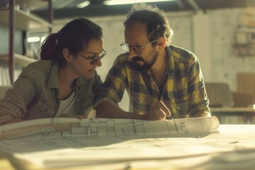 A pair of people examining blueprints together, possibly discussing their next project or home renovation