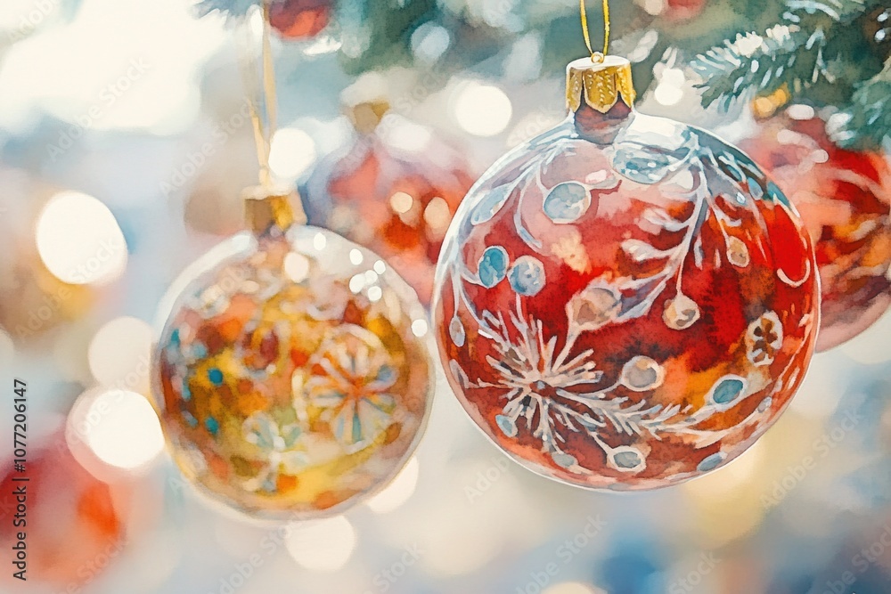 Poster a detailed view of a christmas ornament hanging from a tree branch