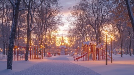 A snowy playground at sunrise with a path leading towards a gazebo.