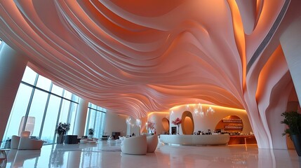 Architectural Origami Inspired Pink Hotel Lobby with Cavernous Wave Shaped Ceiling