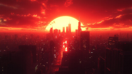 Fototapeta premium stunning sunset over city skyline, with vibrant red hues illuminating buildings and water. scene evokes sense of awe and tranquility