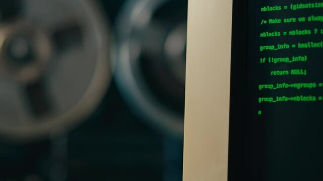 Tape audio music player, studio magnetic tape with pc computer data stogare, vintage retro spool reel to reel player and recorder, magnetic tape data storage close up, music studio. 