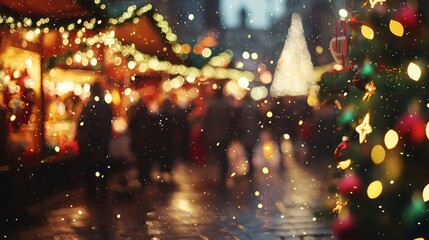 Traditional Christmas related theme with a blurred street market and people celebrating the Christmas festival during holidays.